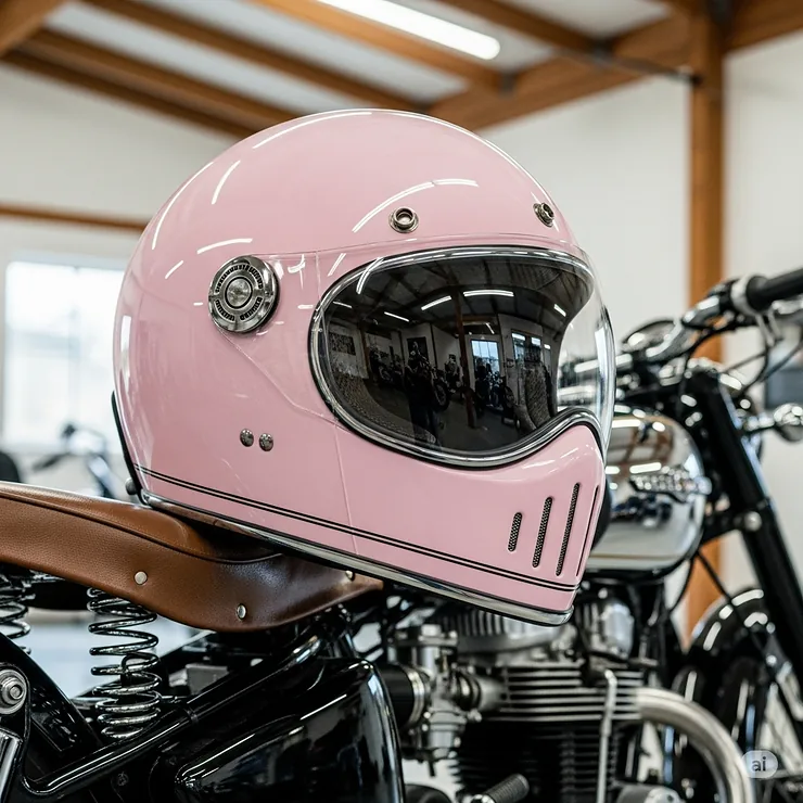 A soft pastel pink motorcycle helmet with a retro design, ideal for vintage bike enthusiasts.