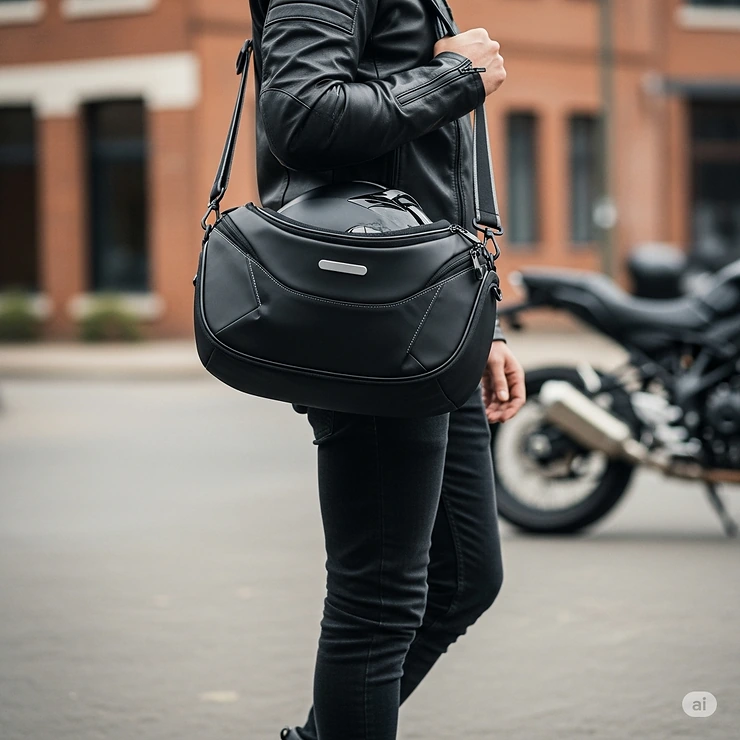 A motorcyclist comfortably carrying a sleek motorcycle helmet bag over their shoulder, highlighting its portability and convenience.