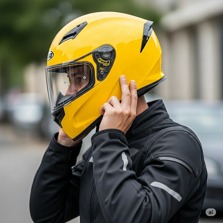A motorcyclist in the process of putting on a bright yellow motorcycle helmet, emphasizing proper fit and ease of use.