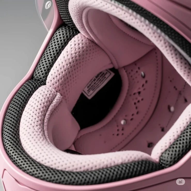 Detailed view of the plush interior padding of a pink helmet for motorbikes, highlighting comfort and hygiene features.