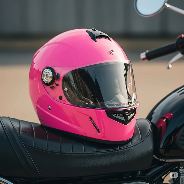 A vibrant pink motorcycle helmet resting on a motorbike seat, ready for an adventurous ride.