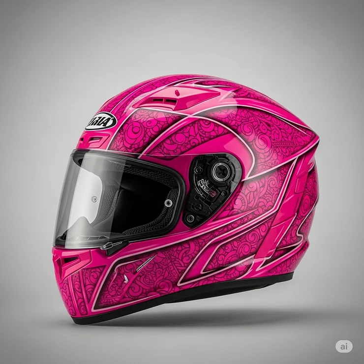 A unique pink helmet for motorbikes featuring custom graphics, adding a personal touch to rider safety.
