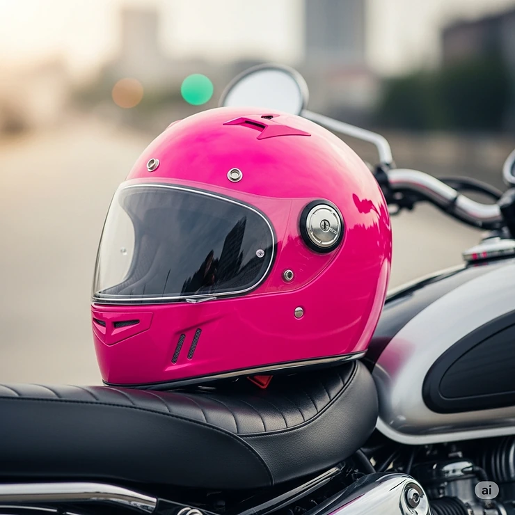 A vibrant glossy pink moto helmet with a clear visor, resting on a motorcycle seat, ready for a ride.