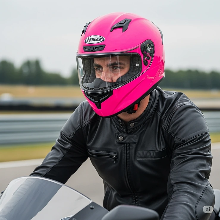 A stylish rider confidently wearing a vibrant pink motorbike helmet, showcasing its sleek design and safety features.