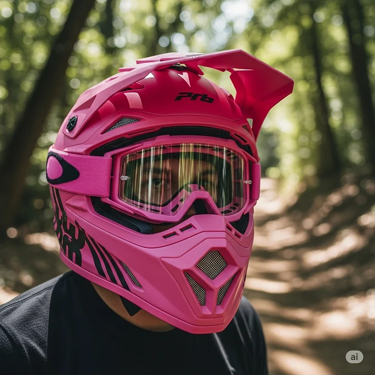 An aggressive off-road style pink moto helmet paired with matching clear goggles, ready for adventurous trails.