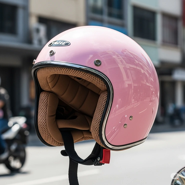 Vintage-inspired pink open-face helmet for motorbikes, perfect for a classic ride and urban cruising.