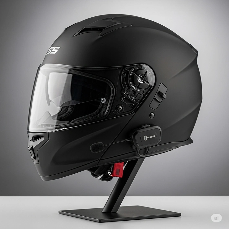 Stylish full face motorcycle helmet with integrated Bluetooth features, displayed on a stand to highlight its premium design and advanced technology.