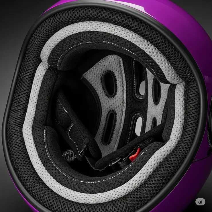 Detailed view of the interior of a purple motorcycle helmet, highlighting the comfortable, removable padding and advanced ventilation channels.