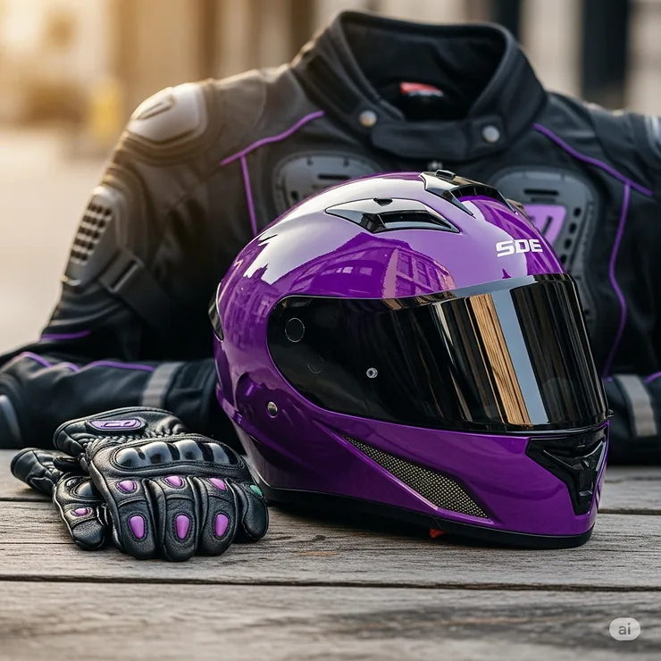 A striking purple motorcycle helmet artfully arranged alongside complementary riding gear, such as durable gloves and a snippet of a protective jacket, for a complete rider look.
