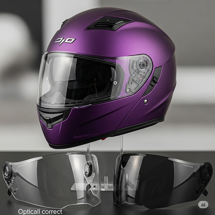A stylish purple motorcycle helmet shown with interchangeable shield options, including a clear and a tinted visor, for customizable protection.