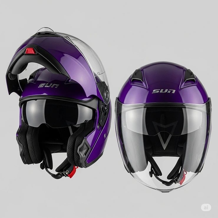 A versatile purple motorcycle helmet demonstrating the clear visor in both the up and down positions, ready for different riding conditions.