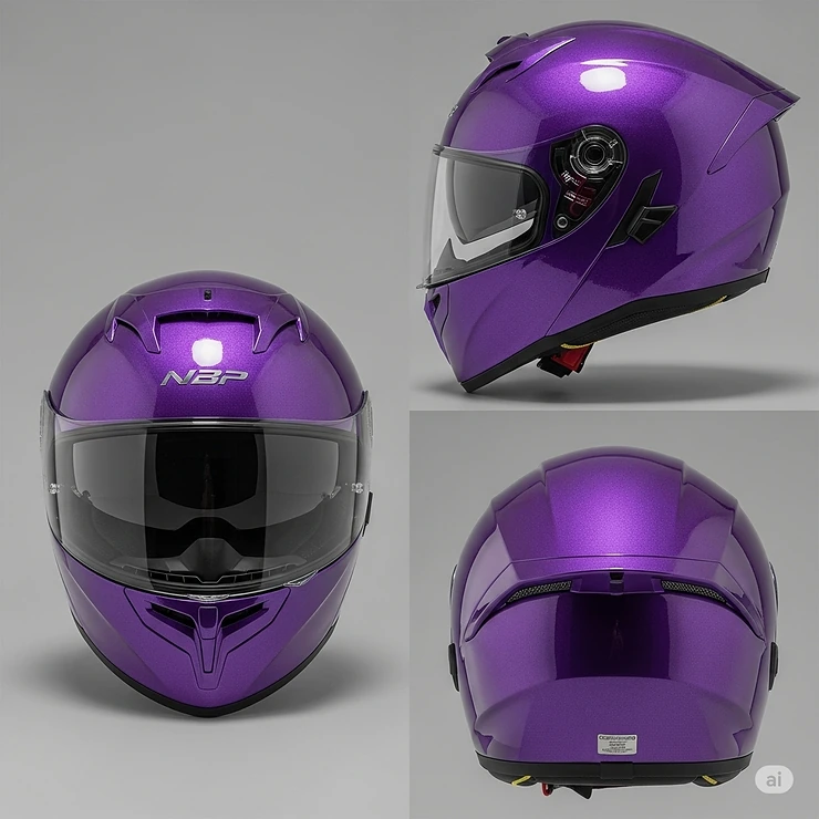 A purple motorcycle helmet displayed from multiple angles (front, side, and back), showcasing its aerodynamic design and integrated spoiler.