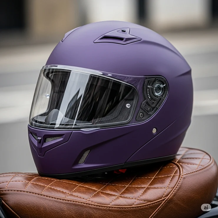 A sleek, matte purple full-face motorcycle helmet resting on a vintage leather seat, showcasing its ventilation system and visor.
