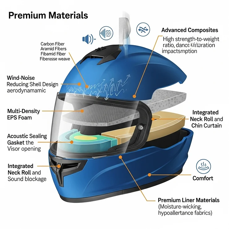 Infographic showing the premium materials like advanced composites and multi-density EPS foam used to construct a quietest motorcycle helmet.