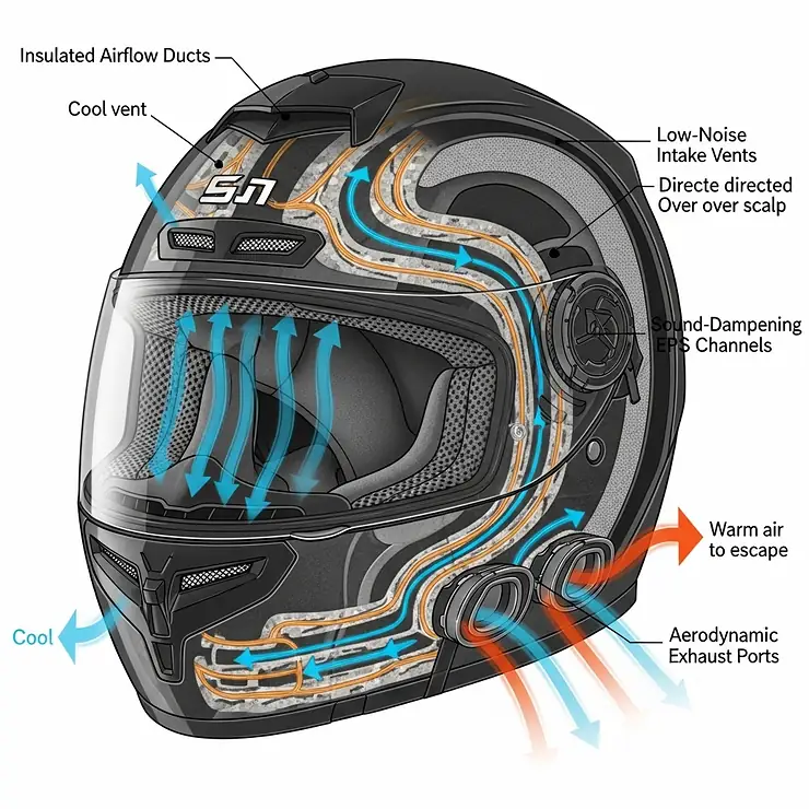 Detailed illustration of a quiet motorcycle helmet's advanced ventilation system, designed to provide airflow without compromising noise reduction.