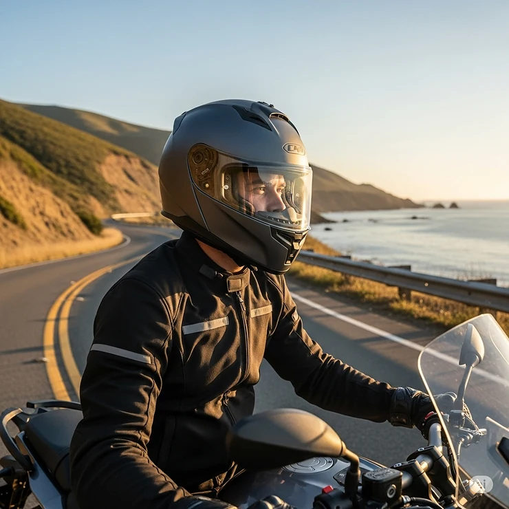 A rider wearing a sleek, quietest motorcycle helmet with advanced noise reduction technology, enjoying a peaceful ride.