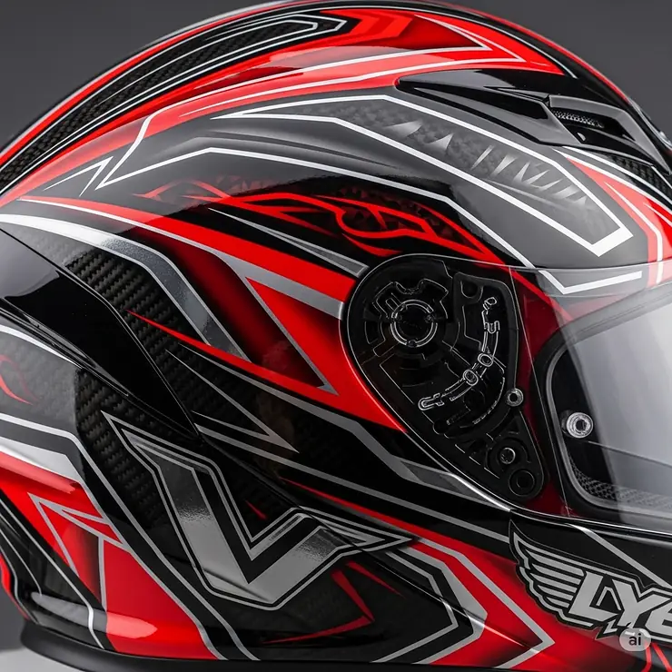 Close-up on the intricate graphics and pattern details featured on a high-performance red and black motorcycle helmet, adding to its distinctive aesthetic.