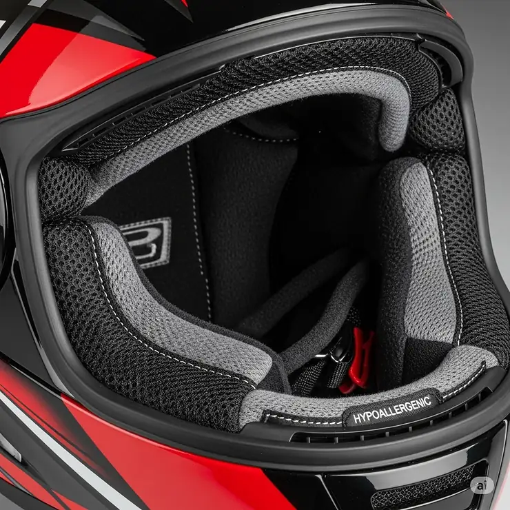 Detailed view of the plush, removable interior padding of a red and black motorcycle helmet, highlighting its comfort features and hypoallergenic materials.