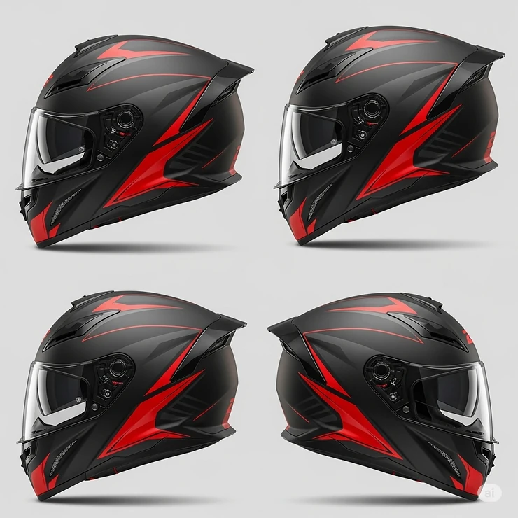Multiple profile views of a red and black motorcycle helmet, displaying its aerodynamic shape and aggressive styling from various angles.