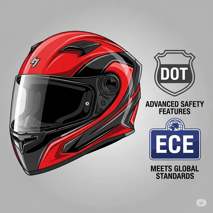 Graphic representation of a red and black motorcycle helmet alongside prominent safety certifications like DOT and ECE, emphasizing its protective qualities.