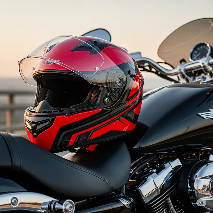 A striking red and black motorcycle helmet with a clear visor, positioned on a sleek black motorcycle, ready for a ride. This helmet combines safety with a bold, modern design.