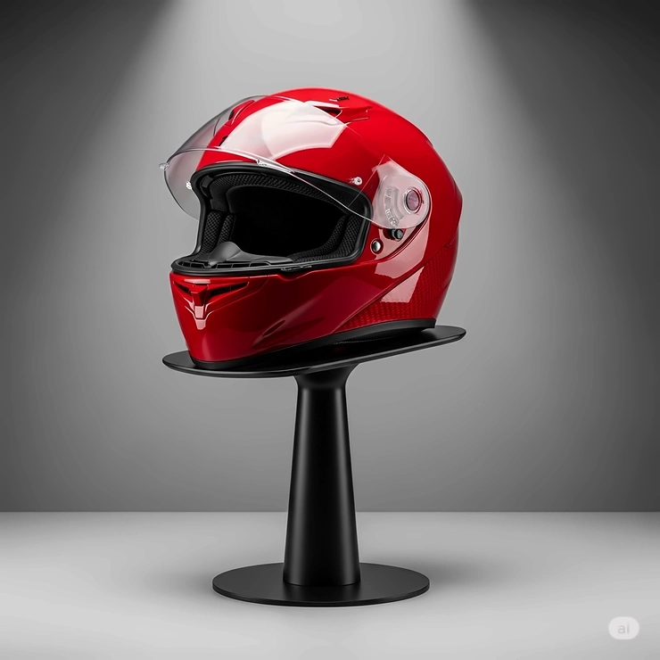 A striking red motorcycle helmet displayed on a retail stand, highlighting its features and vibrant color. Suitable for storefronts.