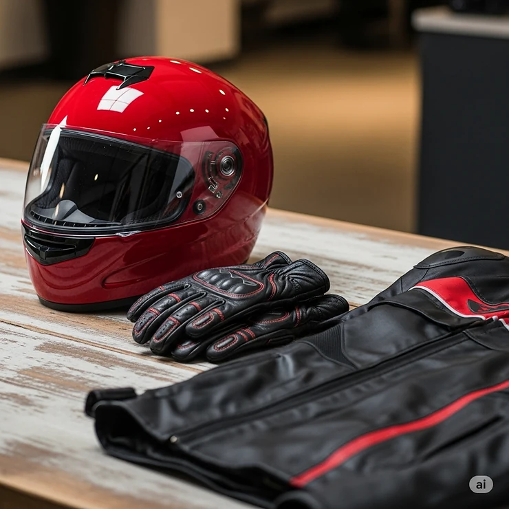 Complete motorcycle gear set featuring a stylish red helmet paired with matching gloves and a jacket, ready for a ride.