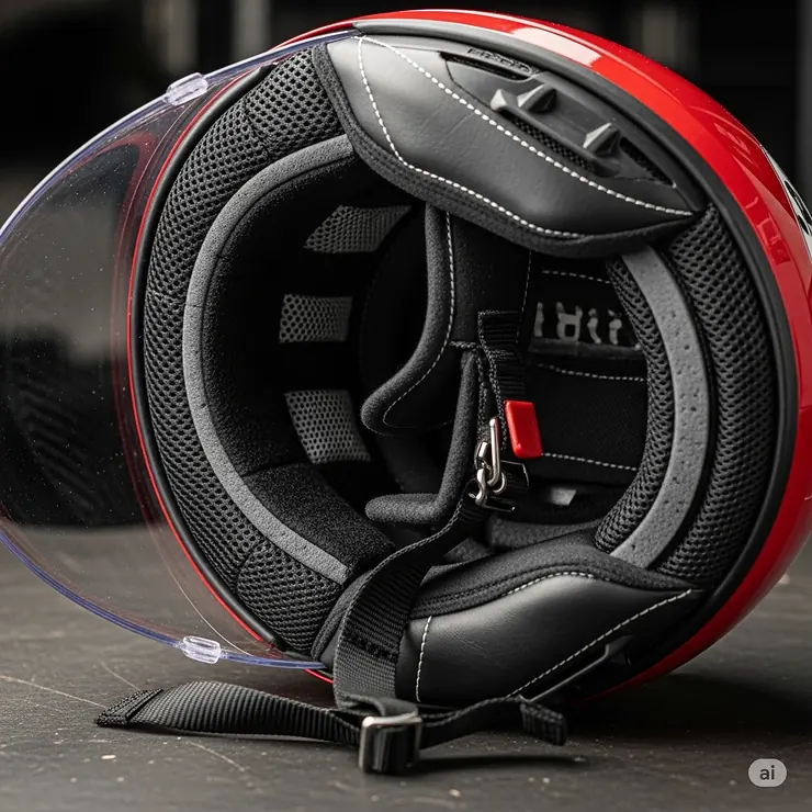 Detailed view of the comfortable interior padding and ventilation system of a red motorcycle helmet, emphasizing rider comfort.