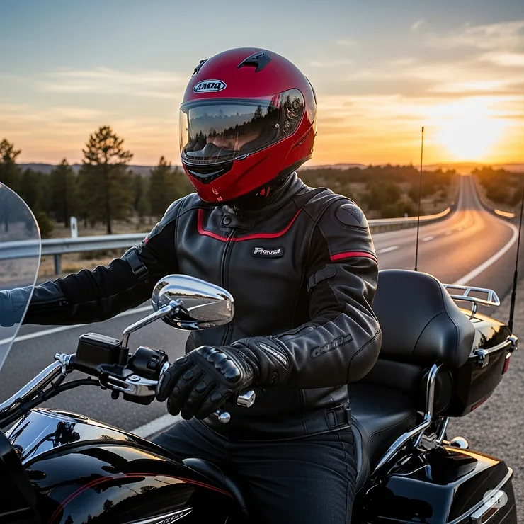 A rider wearing a glossy red motorcycle helmet, looking ready for an open road adventure. This premium red helmet offers both safety and style for motorcyclists.