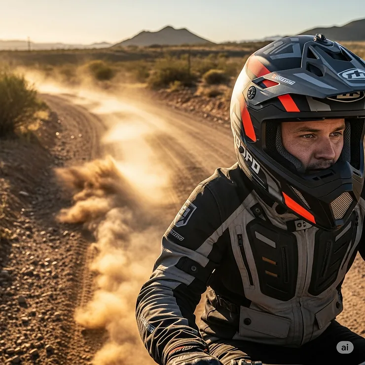 A rider confidently navigating a dirt road while wearing one of the best dual sport helmets, showcasing its performance in varied terrain.