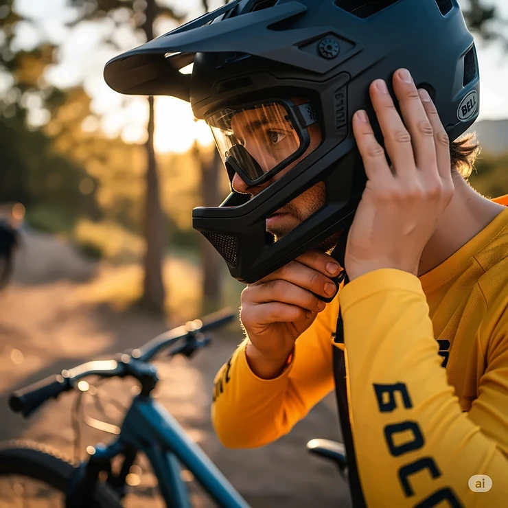 Rider making final adjustments to their Bell full face helmet before a ride, ensuring a snug and secure fit.