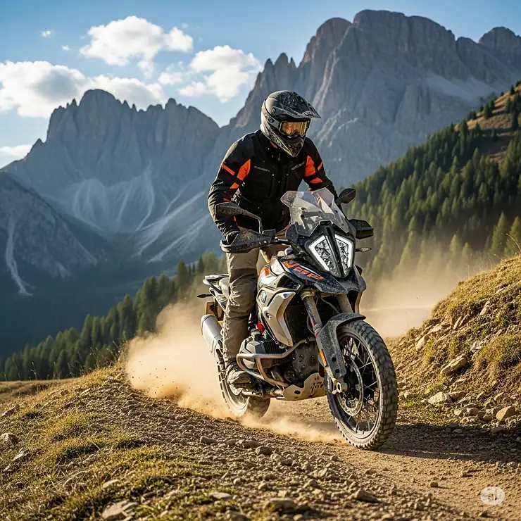 Adventure motorcycle rider wearing a protective helmet, navigating a dusty off-road trail with mountains in the background.