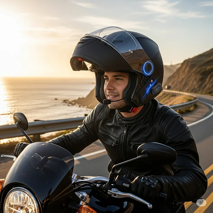 Motorcyclist enjoying a ride with a Bluetooth helmet, highlighting the freedom of wireless communication and entertainment while cruising.