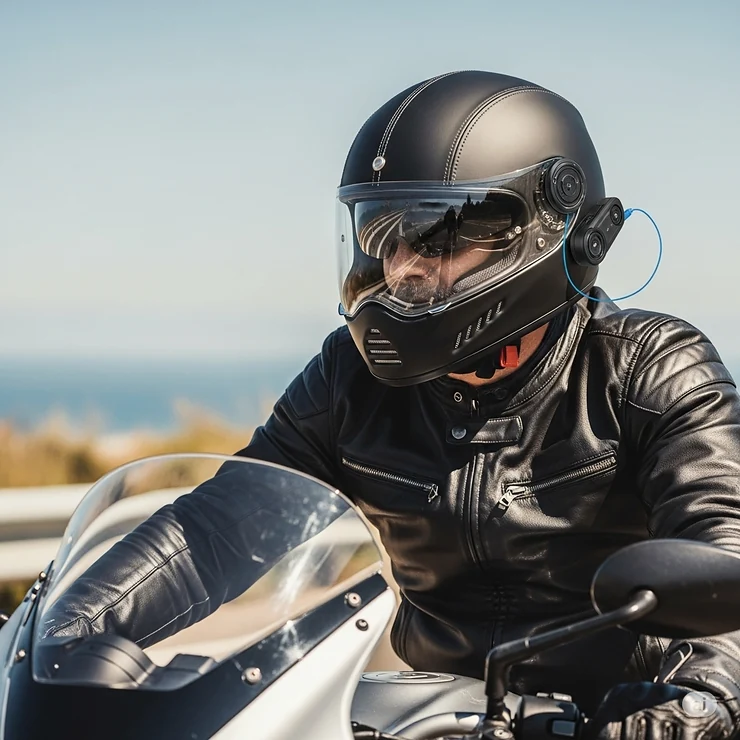 A motorcyclist enjoying high-quality audio from their motorcycle helmet with speakers and Bluetooth, enhancing the riding experience with favorite tunes.