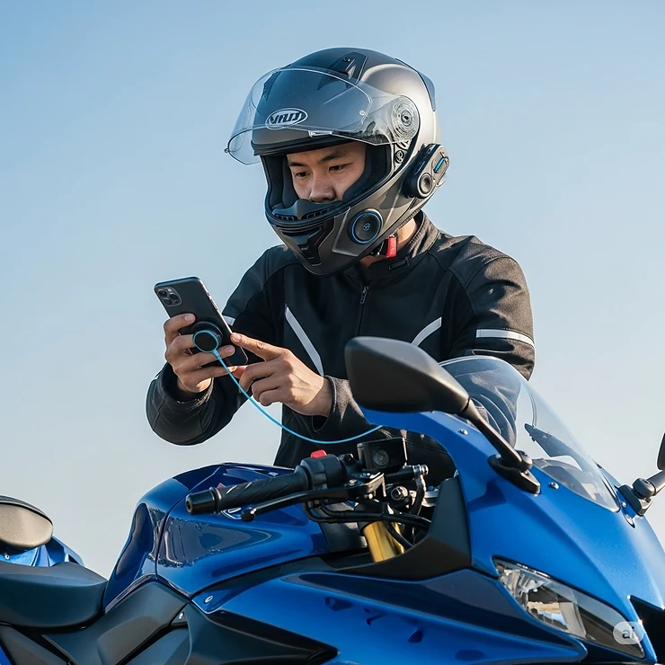 A motorcycle rider effortlessly connecting their smartphone to a Bluetooth-enabled helmet with speakers, demonstrating seamless integration for navigation and communication.