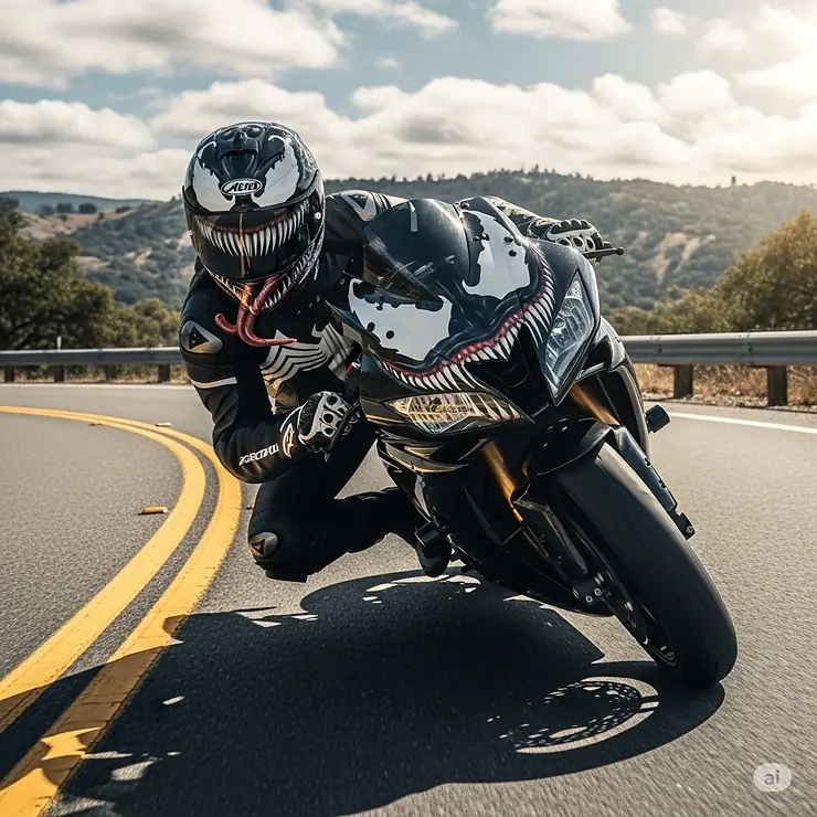 A motorcyclist leaning into a turn, wearing a high-performance motorcycle Venom helmet, demonstrating its aerodynamic design and bold graphic on the open road.