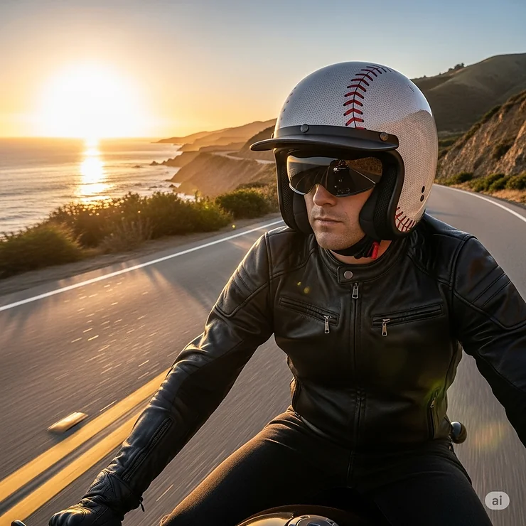 A motorcyclist riding on a scenic road, confidently wearing a unique baseball-inspired motorcycle helmet, showcasing its comfortable fit.