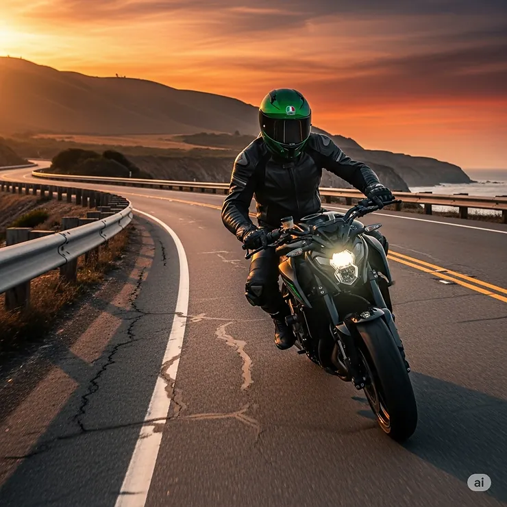Motorcycle rider cruising on a winding road, wearing a sleek green motorcycle helmet and black riding gear.