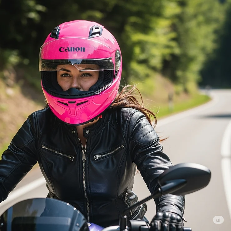 Female rider confidently wearing a bright pink moto helmet, cruising on a winding road with a blurred background.