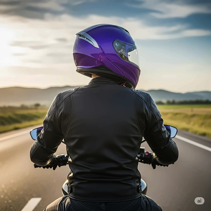 A rider with their back to the camera, wearing a vibrant purple motorcycle helmet, demonstrating a secure and comfortable fit.