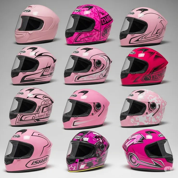 An array of pink helmets for motorbikes in different shades, from pastel to fuchsia, offering diverse style options.