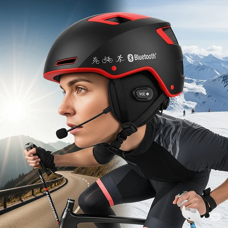 Athlete wearing a multi-sport Bluetooth helmet, emphasizing its versatility for activities like cycling, skiing, and more, with integrated audio.