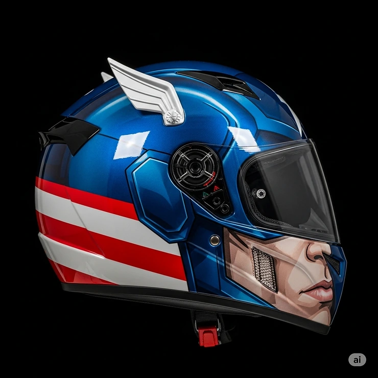A novelty motorcycle helmet designed after a popular superhero character, ideal for fans wanting to showcase their favorite fictional icons.