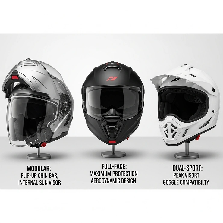 Comparison of various adventure motorcycle helmet types including modular, full-face, and dual-sport designs, highlighting their features.