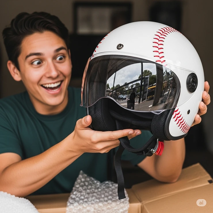A person holding a newly unboxed baseball motorcycle helmet, showing the excitement and anticipation of using this unique head protection.