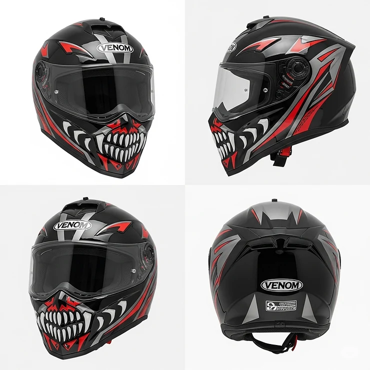 Multi-angle view of a "motorcycle Venom helmet," highlighting its intricate details from the aggressive front mask to the streamlined back, perfect for riders seeking a unique look.