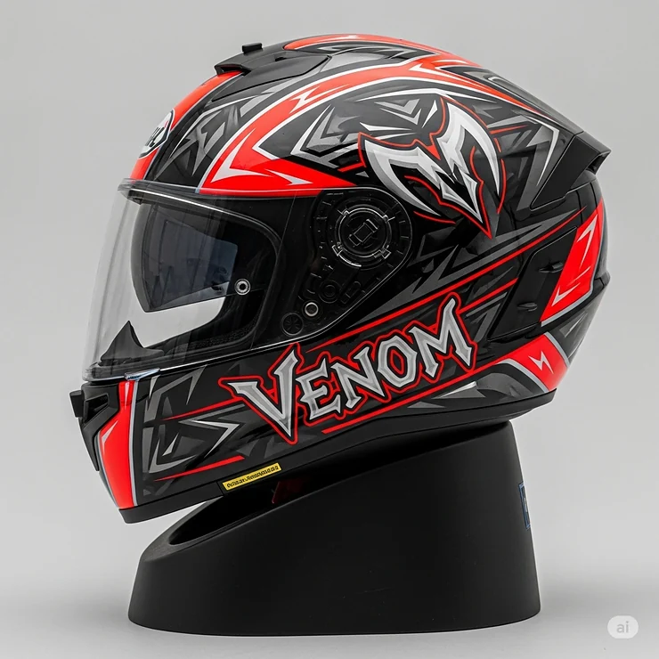 A stylish motorcycle Venom helmet resting on a display stand, emphasizing its vibrant colors and aggressive aesthetic, ideal for collectors and enthusiasts.