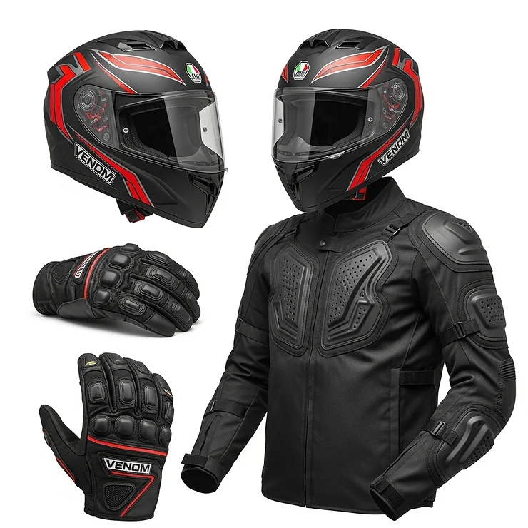 A complete motorcycle gear set featuring a matching motorcycle Venom helmet, alongside gloves and a jacket, suggesting a full protective and stylish ensemble for riders.