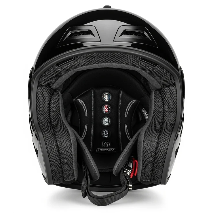 An interior view of a "motorcycle Venom helmet," showing its comfortable, removable lining and advanced ventilation system designed for rider comfort and safety.