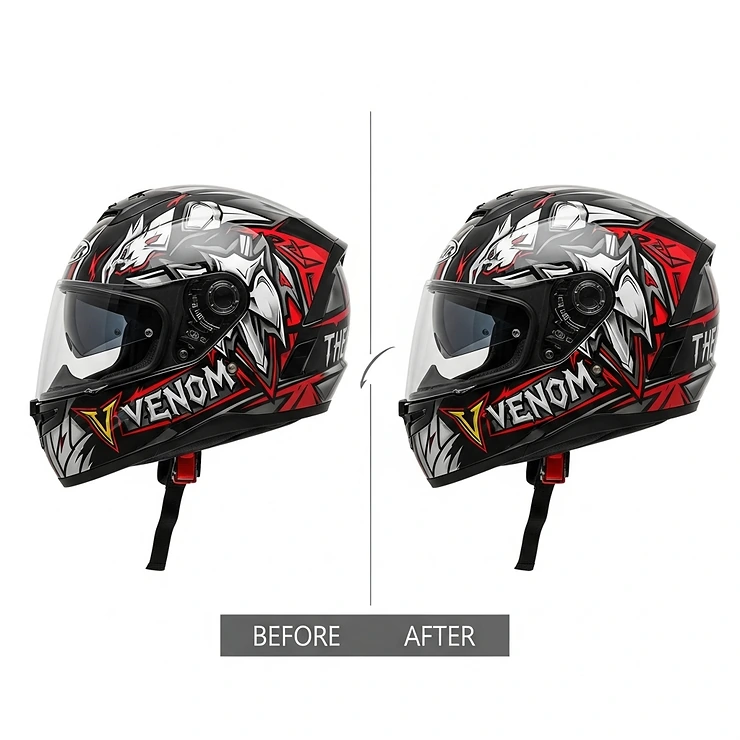 A side-by-side comparison illustrating the transformation of a standard motorcycle helmet into a "motorcycle Venom helmet," showcasing the before-and-after impact of the striking design.